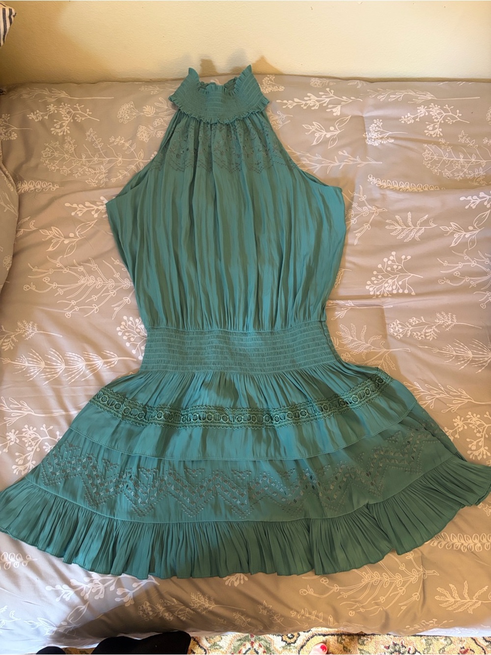Ramy Brook “ Silk Gari” or “Paris” Teal Halter-Tiered Pleated Dress -small
